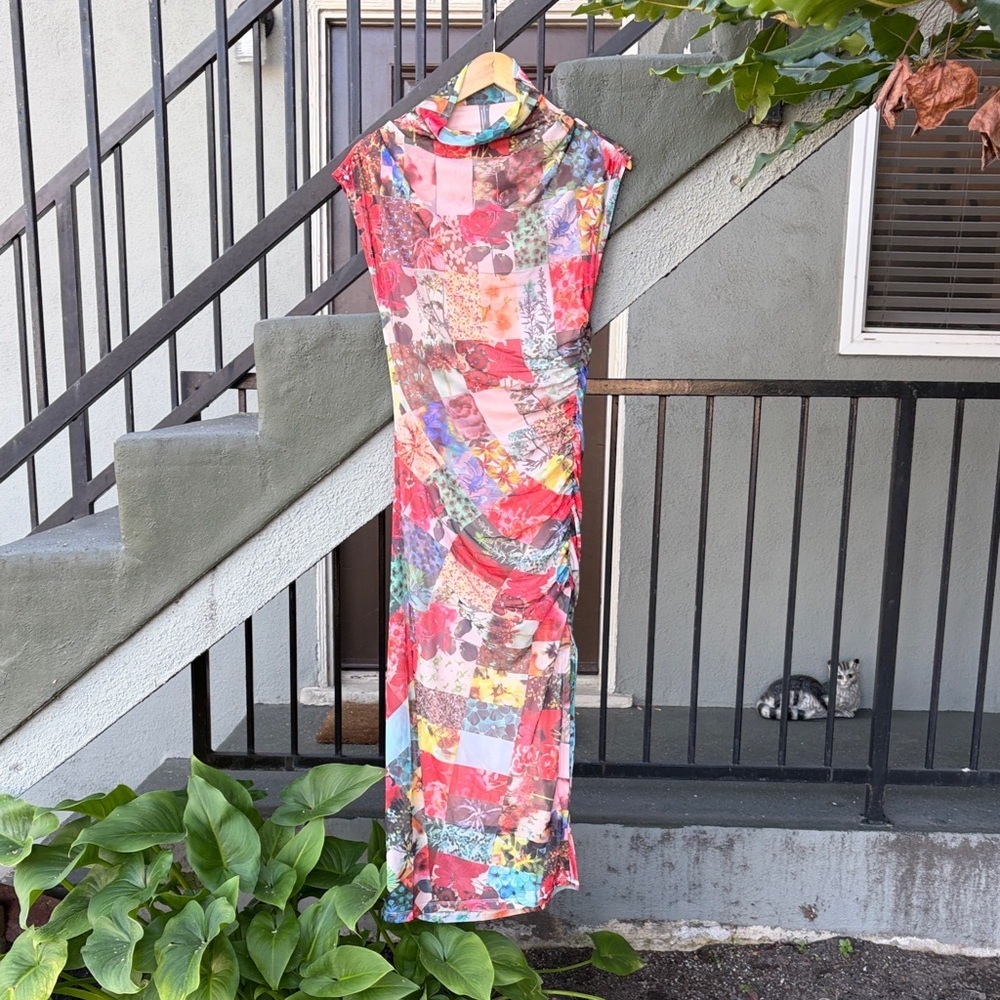 NWT Anthropologie The Maya Ruched Cowl Neck Dress Cottagecore Mesh Bohemian Sz S